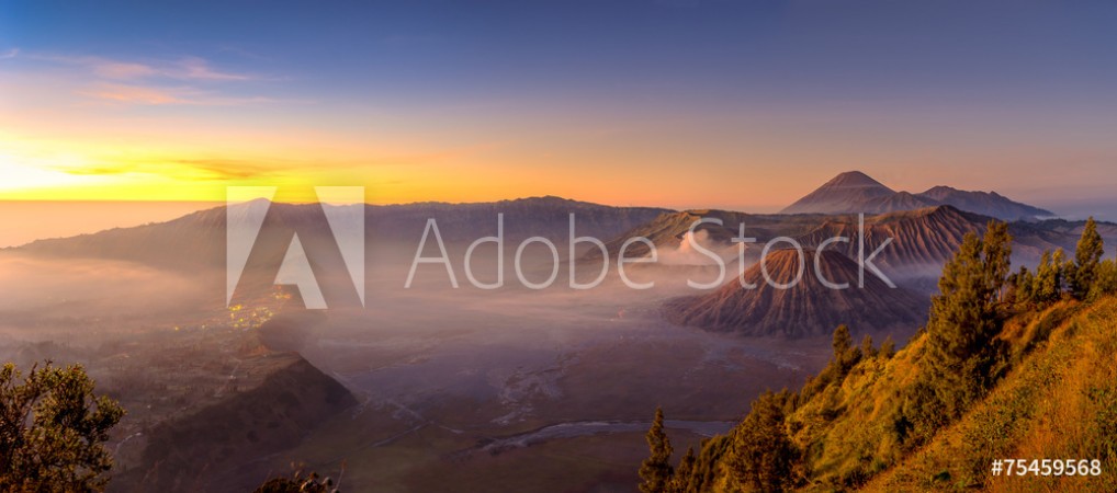 Picture of Panoramic view of Bromo active volcano mountain in a beautiful morning sunrise East Java island in Indonesia Asia
